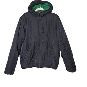 Supreme Reversible Puffer Jacket Black Green Logo Nylon Medium‎ Hooded Coat